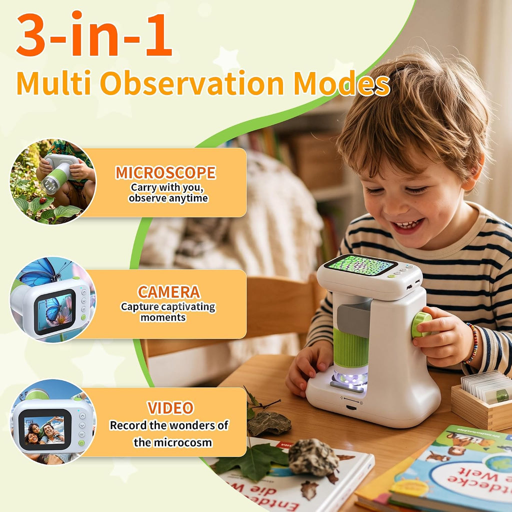 Microscopio para niños, 2.4" HD 1080P y 1000X juguete STEM