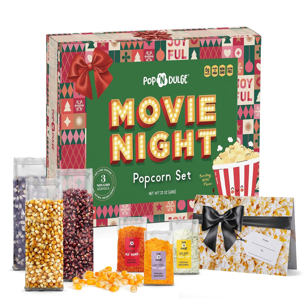 Regalos para Noche de Películas de Navidad - Cestas de Palomitas y Sets de Regalo para fiestas navideñas - 5 granos gourmet non-GMO y 5 saborizantes para palomitas - Ideas de regalo perfectas para familia, adultos, parejas, fiestas o amantes de