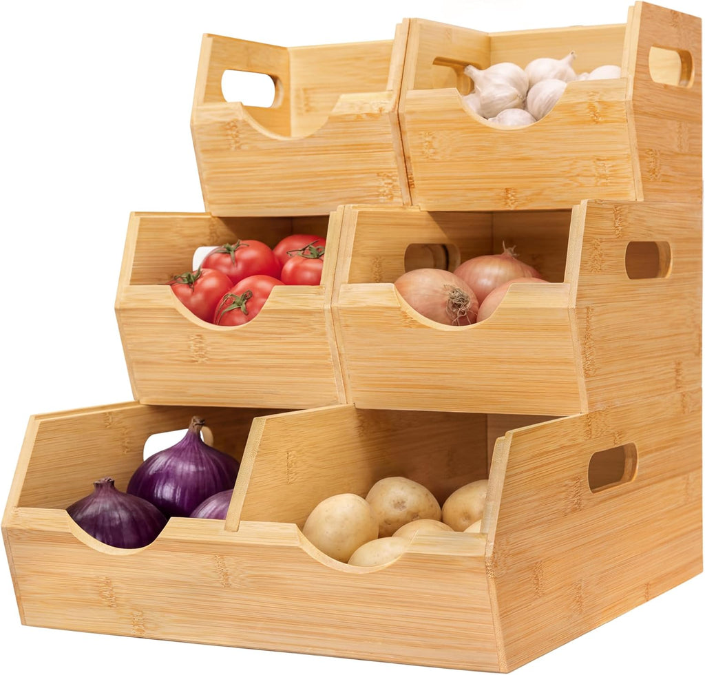 HOMESTEAD Contenedores de almacenamiento de despensa de bambú de 3 niveles, apilables, para papas y cebollas, con asas, cesta de frutas y organizador de productos para encimera de cocina, organización