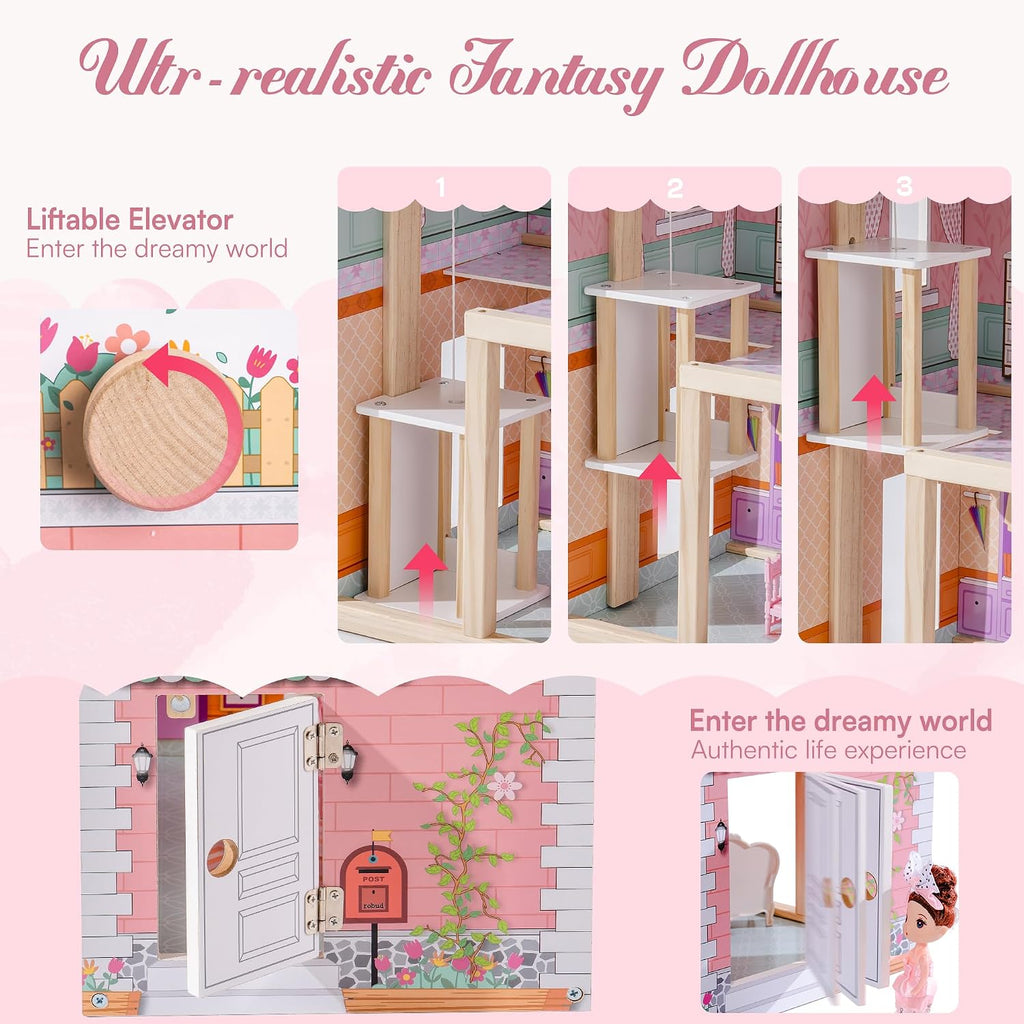 ROBOTIME Casa de muñecas de madera, juego de casas de muñecas con 24 muebles para muñecas de 4, 5, 6 pulgadas, regalo de casa de muñecas para niñas de más de 3 años (rosa)