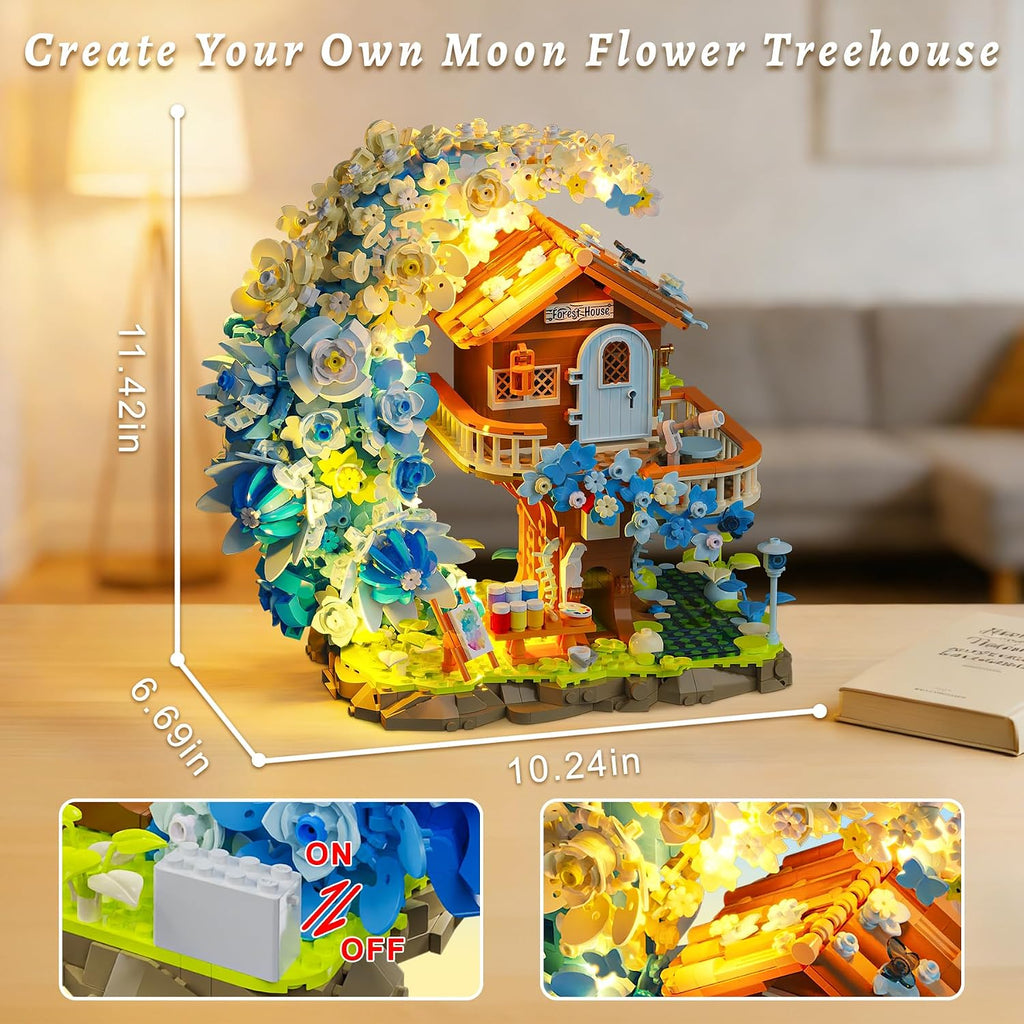 Blue Moon - Juego de construcción de casa de flores con luz, colección botánica, kit de bloques de construcción de casa del árbol, compatible con Lego para decoración del hogar de adultos