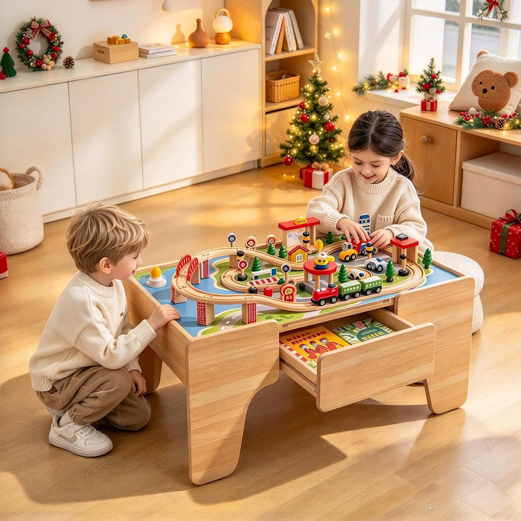 INFANS - Mesa de tren, juego de 84 piezas con cajón de almacenamiento