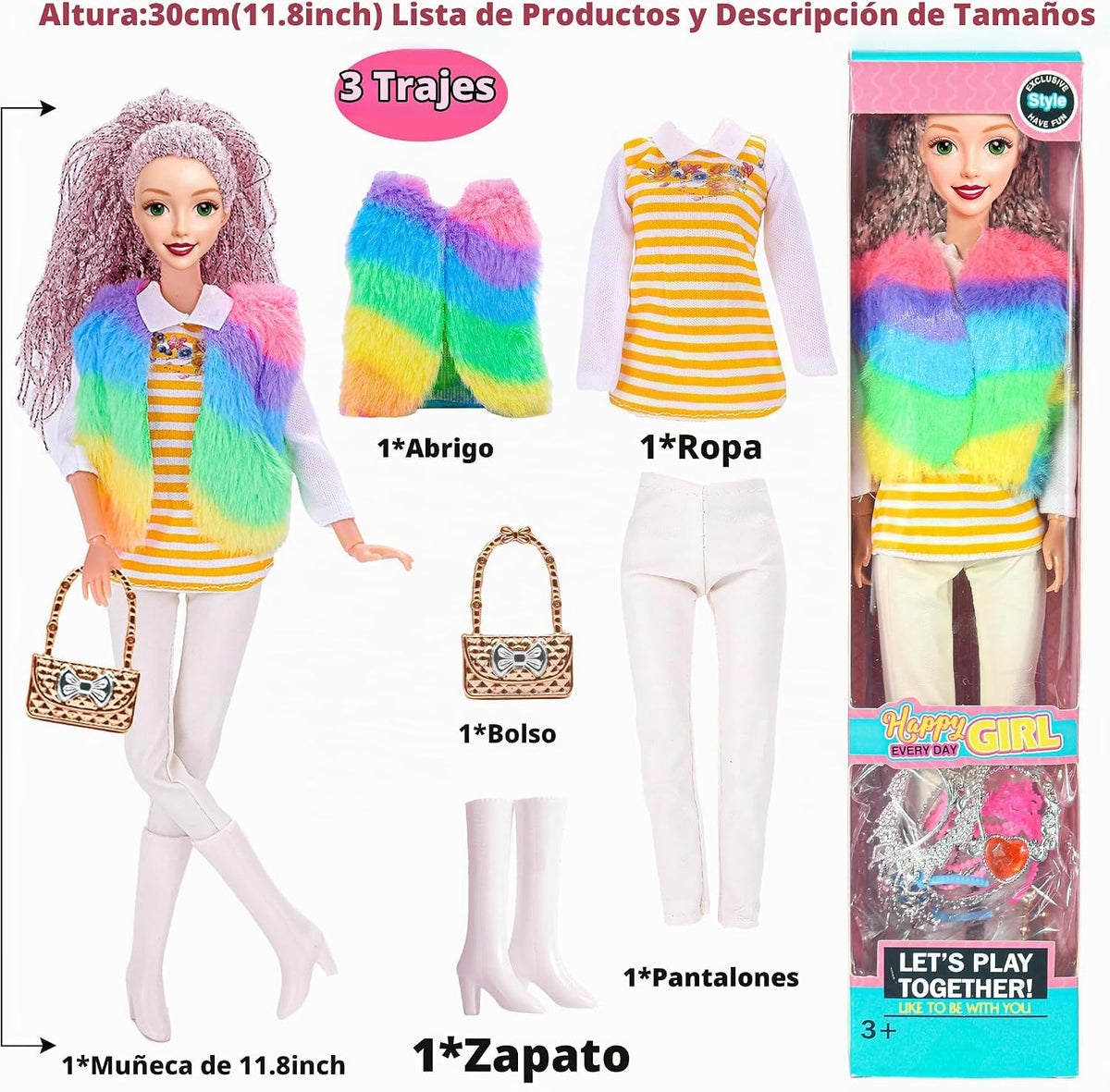 Set de 6 Muñecas Prinecess Americanas de Moda 11.5 pulgadas con Conjuntos de Vestuario, Diseños de Vestido y Accesorios como Bolso, Sombrero, Corona, Collar y Maletín (Empaque en Caja de Regalo)