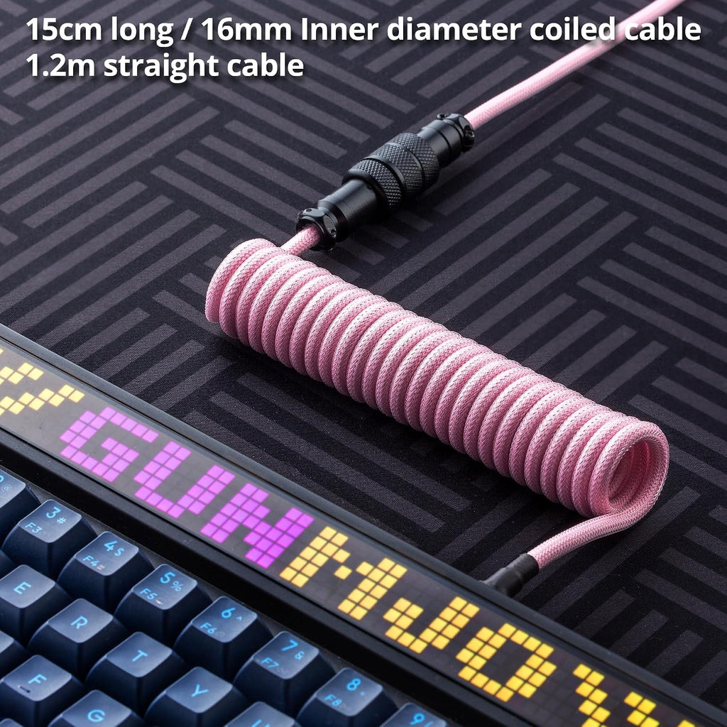 Pro Cable USB C en espiral personalizado para teclado de juegos, cable de teclado mecánico de doble funda con aviador metálico desmontable, 1.5M USB-C a USB-A, negro rosa