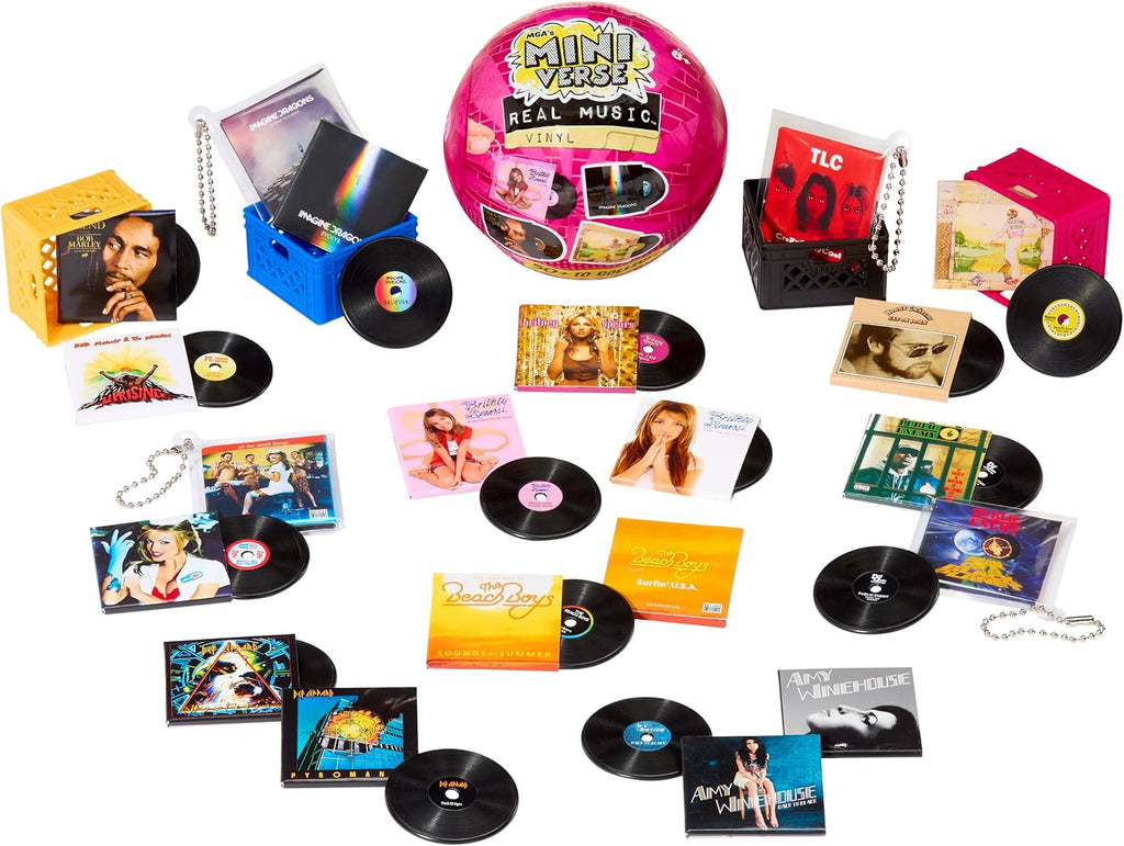 MGA's Miniverse Vinilo de música real (paquete de 2) Mystery Blind, 4 mini discos reproducibles por paquete, funda y llavero, coleccionistas, regalo, Britney Spears, Elton John, TLC