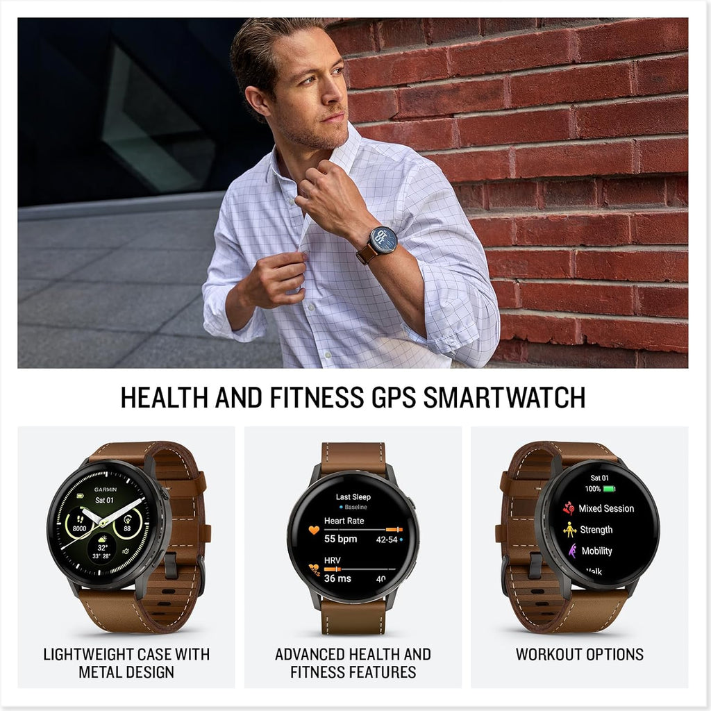 Garmin Venu® 4, Smartwatch avanzado para fitness, 45 mm, correa de cuero marrón