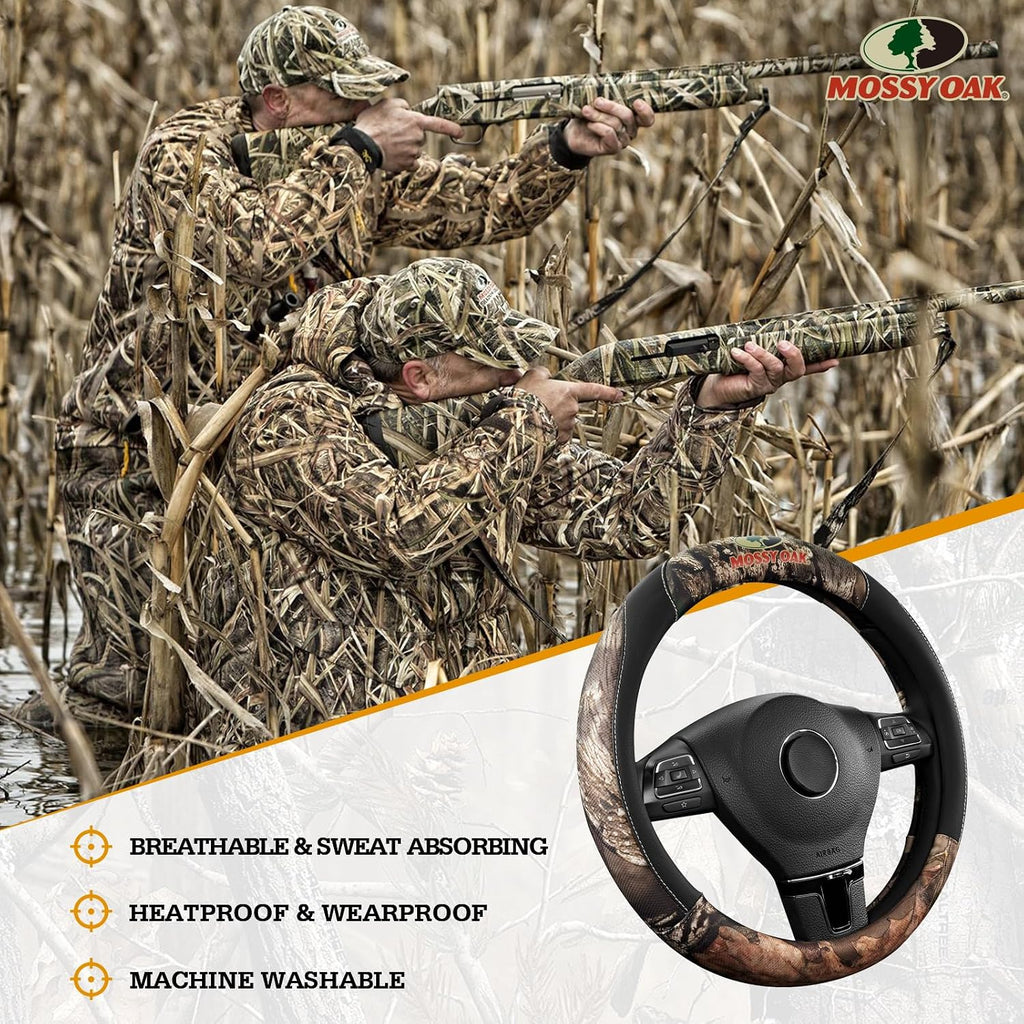 Mossy Oak Funda de volante de camuflaje completa, hecha de cuero de primera calidad, ajuste universal para 14 1/2 a 15 pulgadas, producto oficial con licencia, color negro