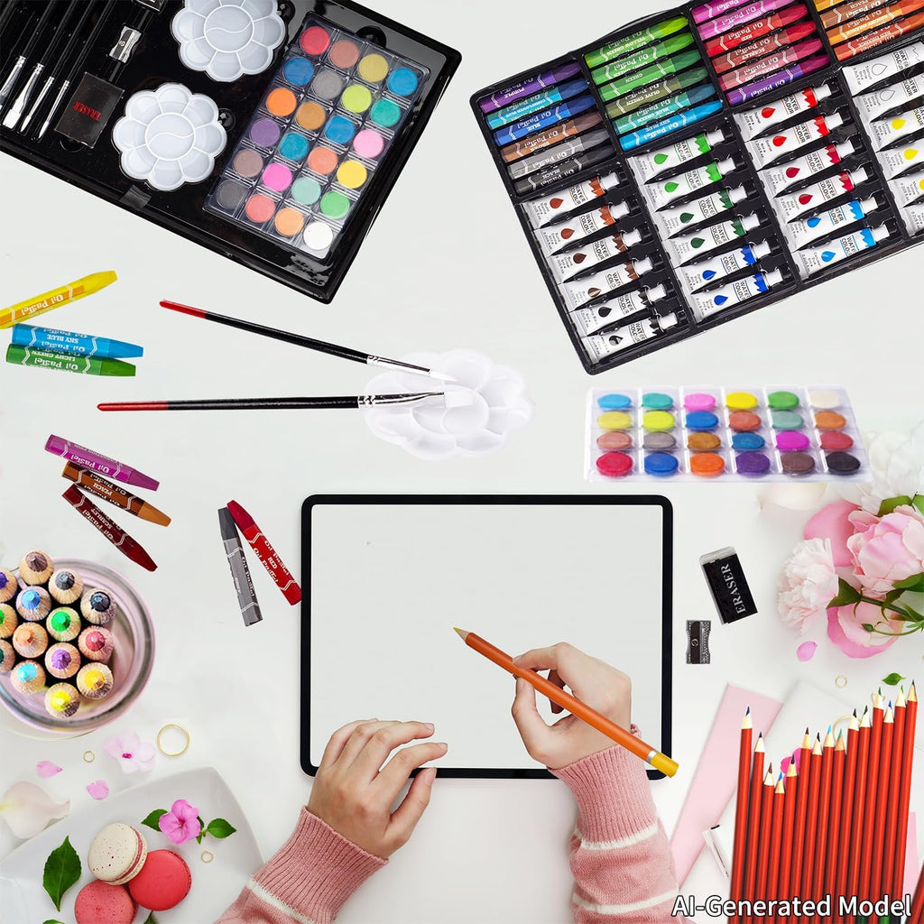 KINSPORY Juego de arte, paquete de 139 suministros de arte de pintura y dibujo con 2 blocs de bocetos, manualidades de arte de doble capa, lápices de colores, pasteles al óleo, pinturas de acuarela