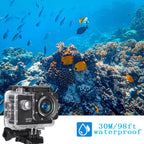 Cámara de acción FHD 1080P 12MP, 98FT/30M Cámara impermeable subacuática con 2 baterías, cámara deportiva gran angular con kit de accesorios adecuado para casco, bicicleta, etc.