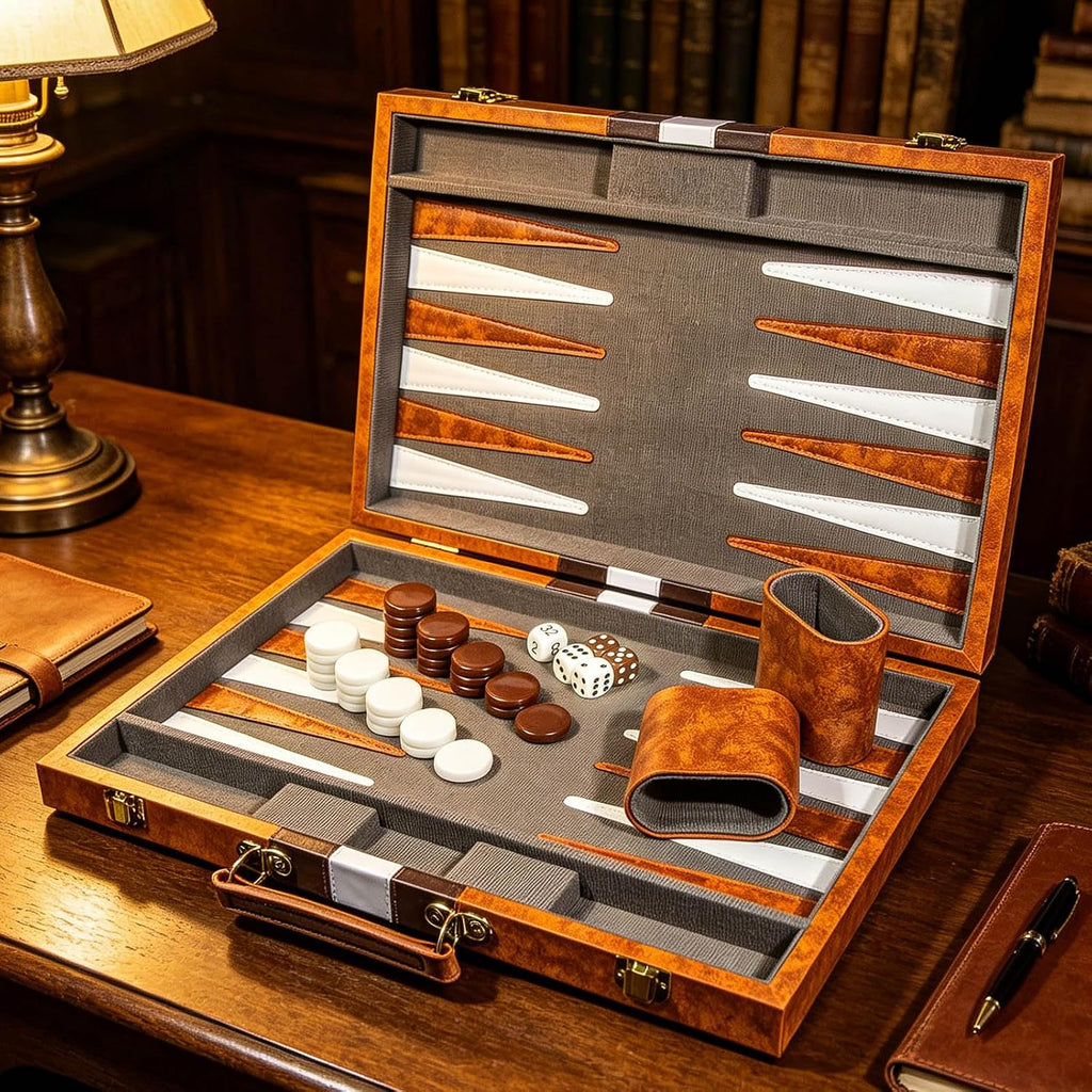 Backgammon - Juego de mesa clásico portátil con estuche de cuero para