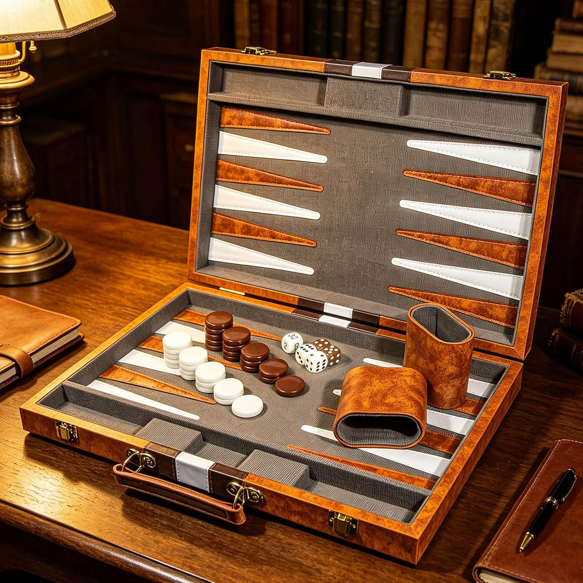 Backgammon - Juego de mesa clásico portátil con estuche de cuero para