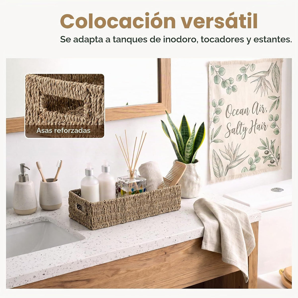 StorageWorks - Canastas de hierbas marinas con asas integradas, caja decorativa para baño, para la parte superior del tanque del inodoro, 14 ¼ pulgadas de largo x 6 ½ pulgadas de ancho x 3 ¾ pulgadas