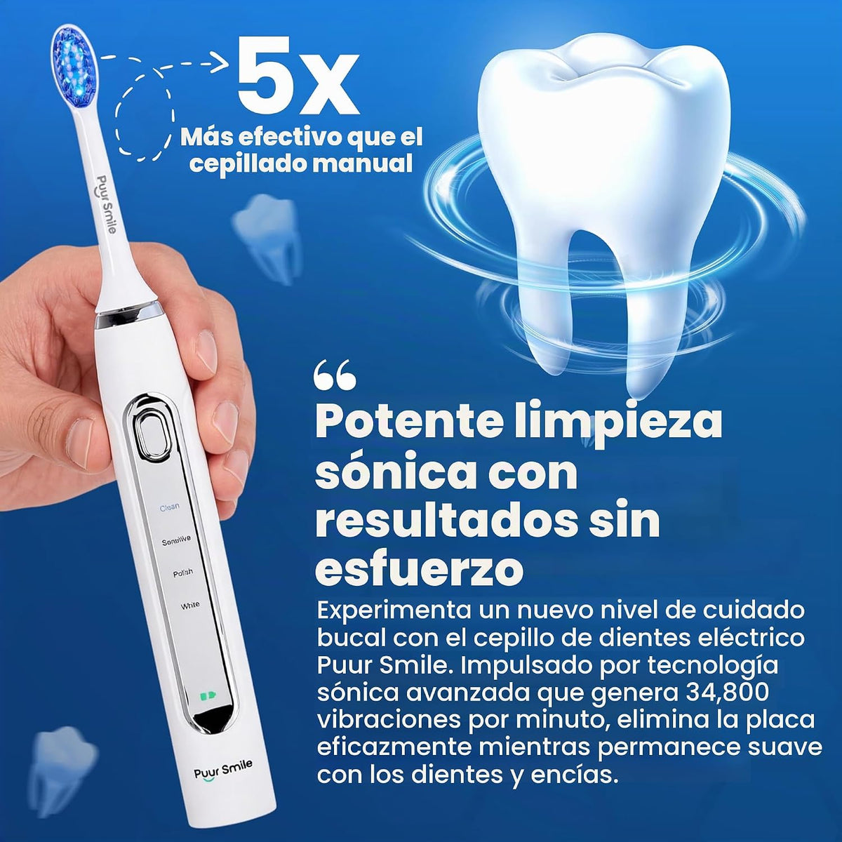 Puur Smile - Cepillo de dientes eléctrico de cerdas suaves, recargable con carga inalámbrica, 2 cabezales de cepillo (LED azul) para adultos, 4 modos de limpieza con temporizador inteligente, IPX7 impermeable, batería de larga duración