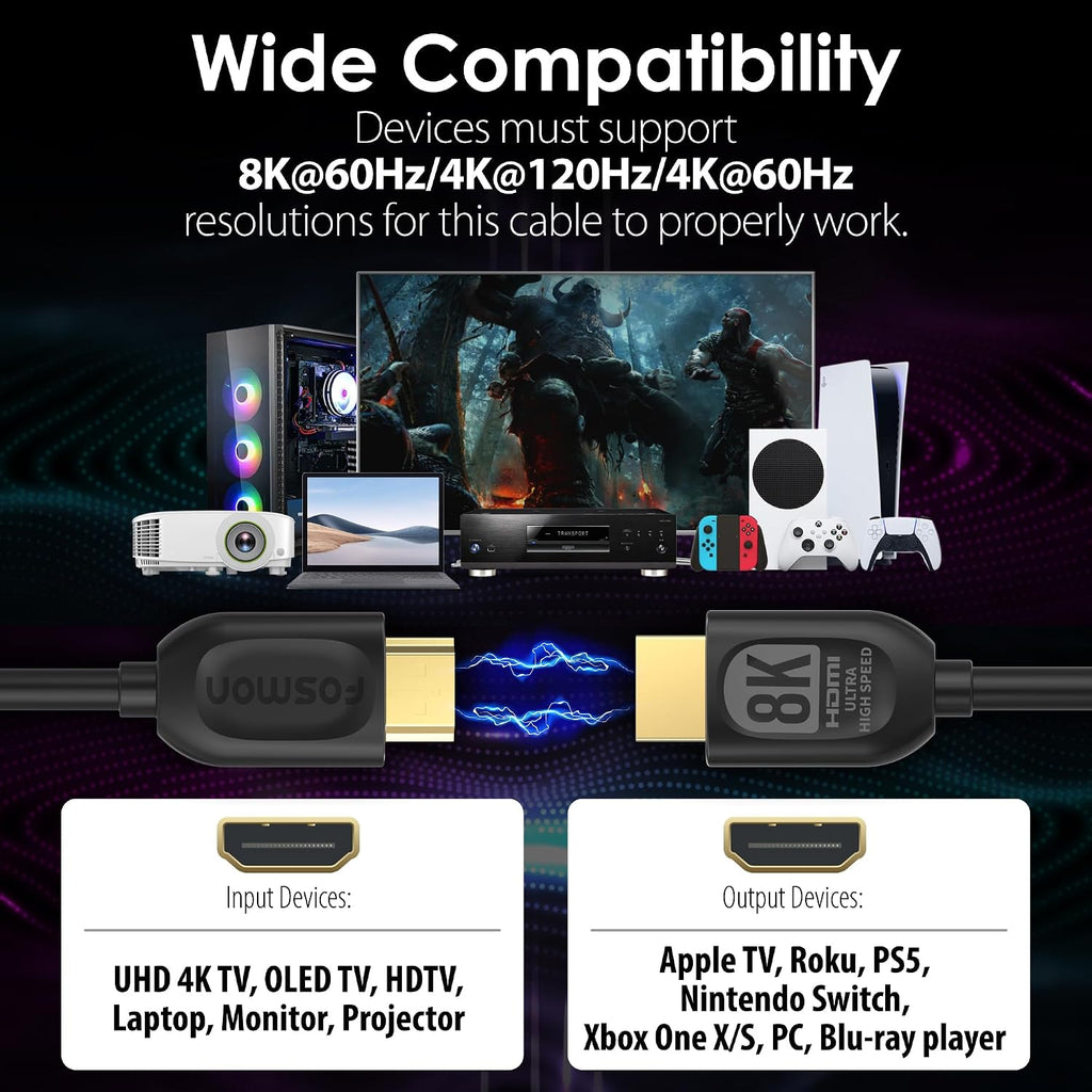 Fosmon - Cable HDMI de 8 K, 25 pies de largo, cable ultra-alta velocidad HDMI 2.1, 48 Gbps, 8 K a 60 Hz, 4 K a 120 Hz, compatible con TV UHD, HDTV, streaming, laptop, PC, monitor, proyector, Blu-ray