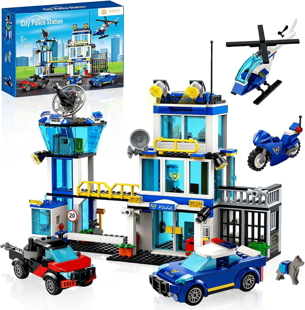 BUILDIFY Juego de bloques de construcción de la estación de policía de la ciudad con luz, 634 kits de estación de HQ con helicóptero, coche de policía y motocicleta. Ideal como regalo coleccionable de cumpleaños para más de 6 fanáticos, niños y niñas