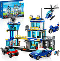 BUILDIFY Juego de bloques de construcción de la estación de policía de la ciudad con luz, 634 kits de estación de HQ con helicóptero, coche de policía y motocicleta. Ideal como regalo coleccionable de cumpleaños para más de 6 fanáticos, niños y niñas