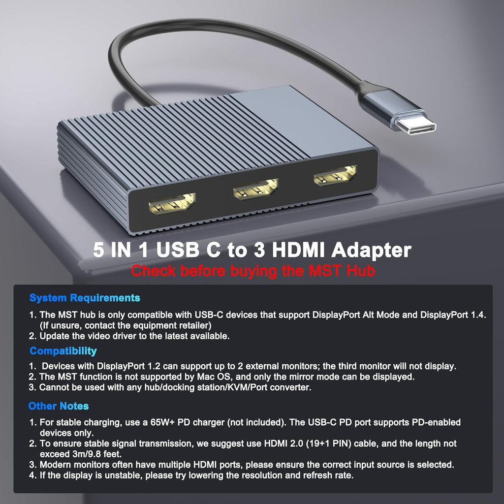 Adaptador USB C a 3 HDMI con PD 100W/USB3.0, 4K a 60Hz 3 vías HDMI Splitter Pantalla extendida para 3 monitores, estación de acoplamiento de monitor triple para laptop Dell/HP/Mac, concentrador SST
