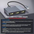 Adaptador USB C a 3 HDMI con PD 100W/USB3.0, 4K a 60Hz 3 vías HDMI Splitter Pantalla extendida para 3 monitores, estación de acoplamiento de monitor triple para laptop Dell/HP/Mac, concentrador SST