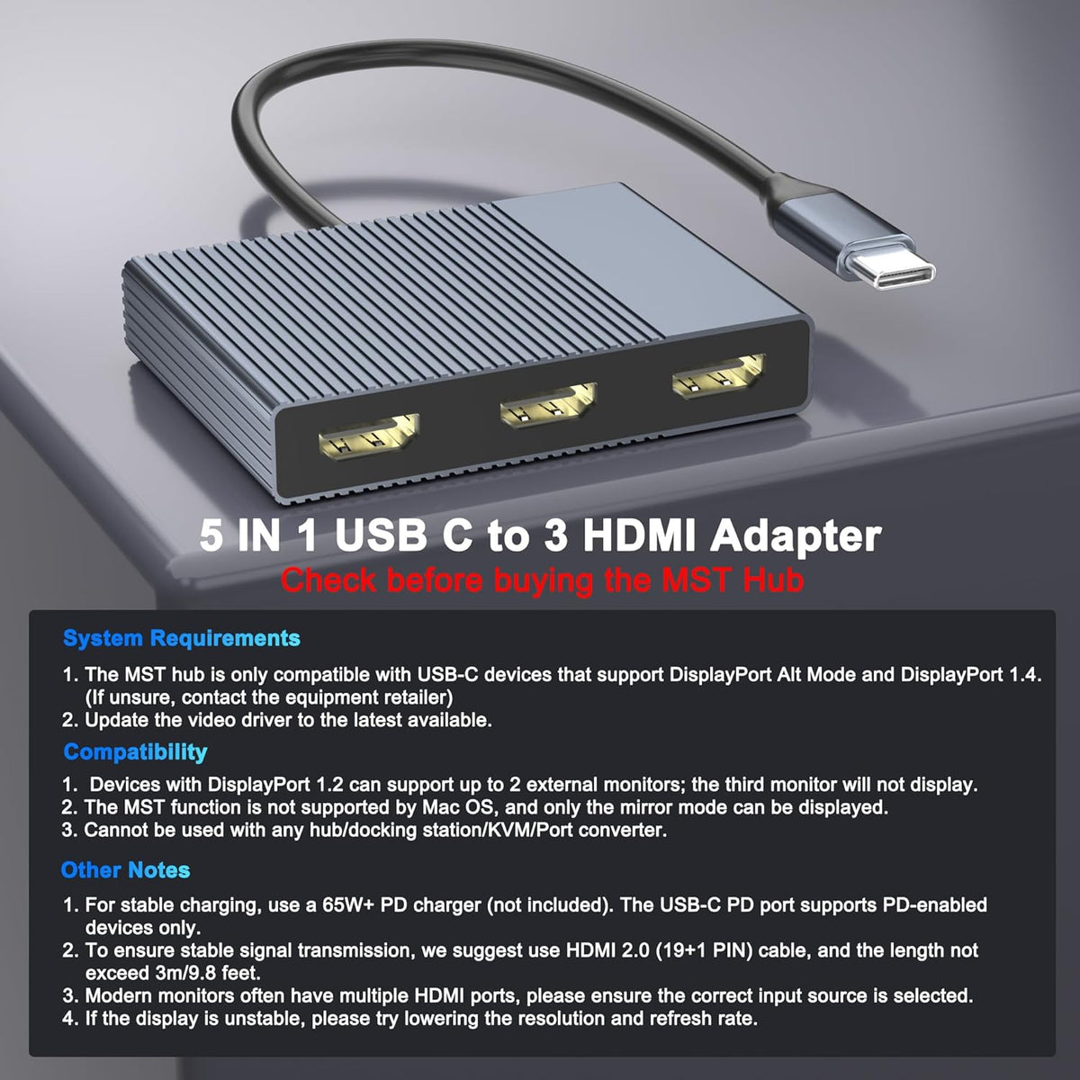 Adaptador USB C a 3 HDMI con PD 100W/USB3.0, 4K a 60Hz 3 vías HDMI Splitter Pantalla extendida para 3 monitores, estación de acoplamiento de monitor triple para laptop Dell/HP/Mac, concentrador SST
