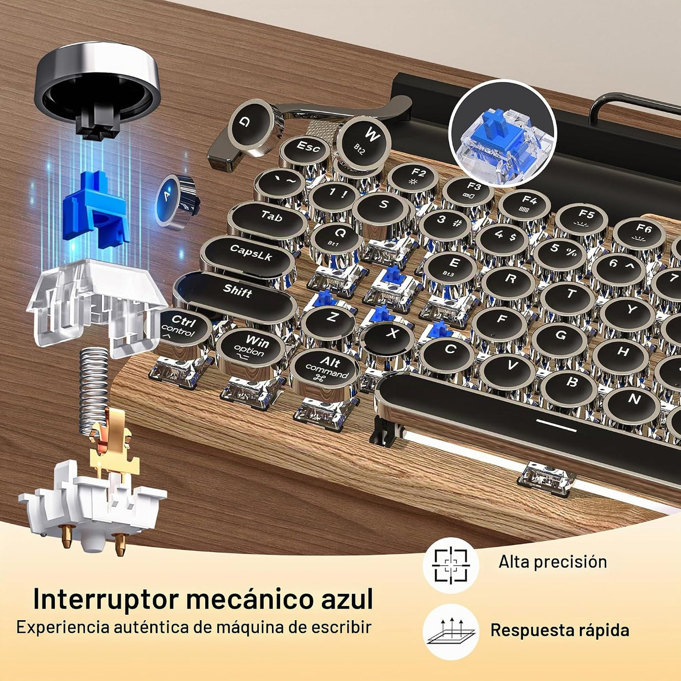 Teclado de máquina de escribir retro, teclado mecánico inalámbrico...