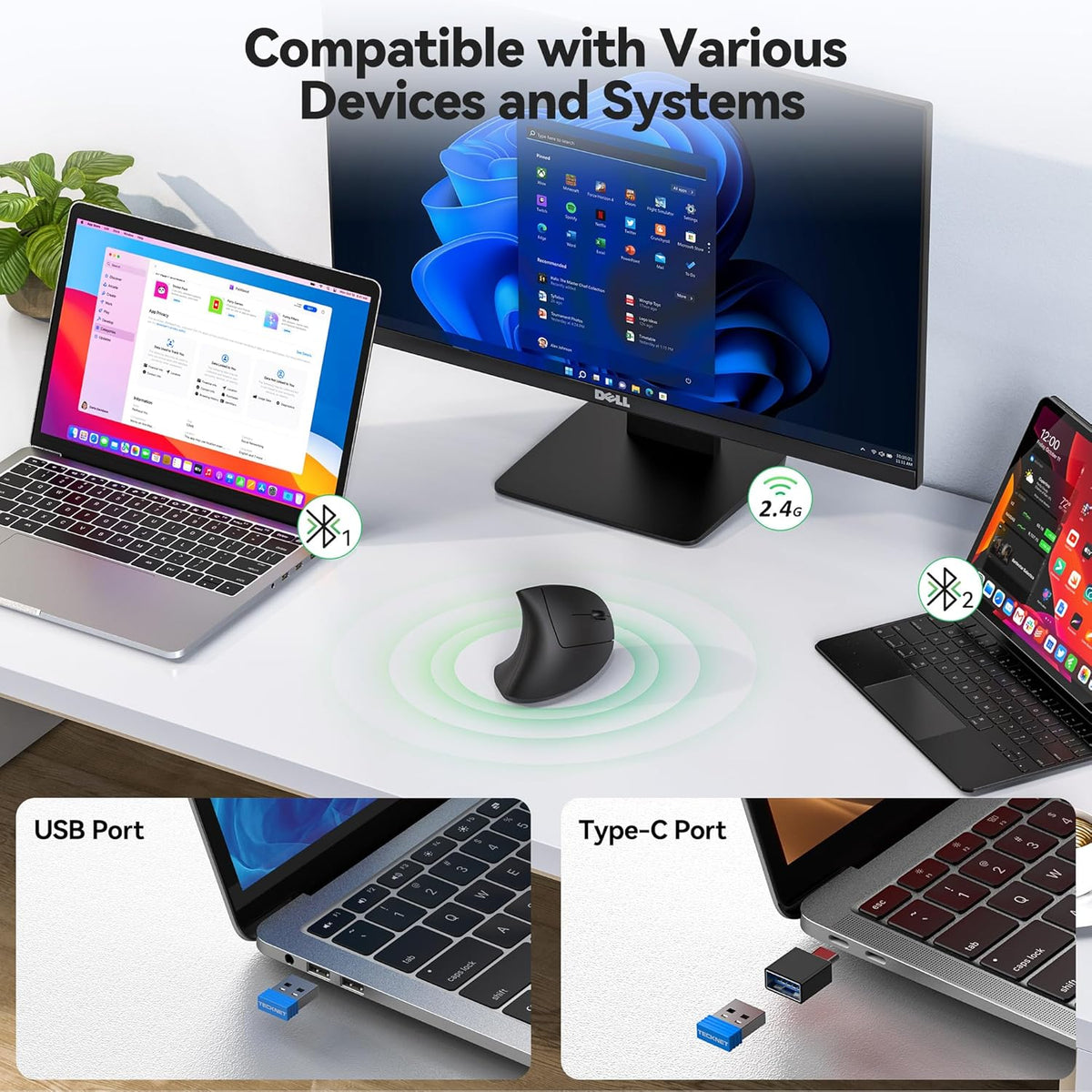 TECKNET Jiggler Ratón ergonómico, mouse vertical inalámbrico Blueto...