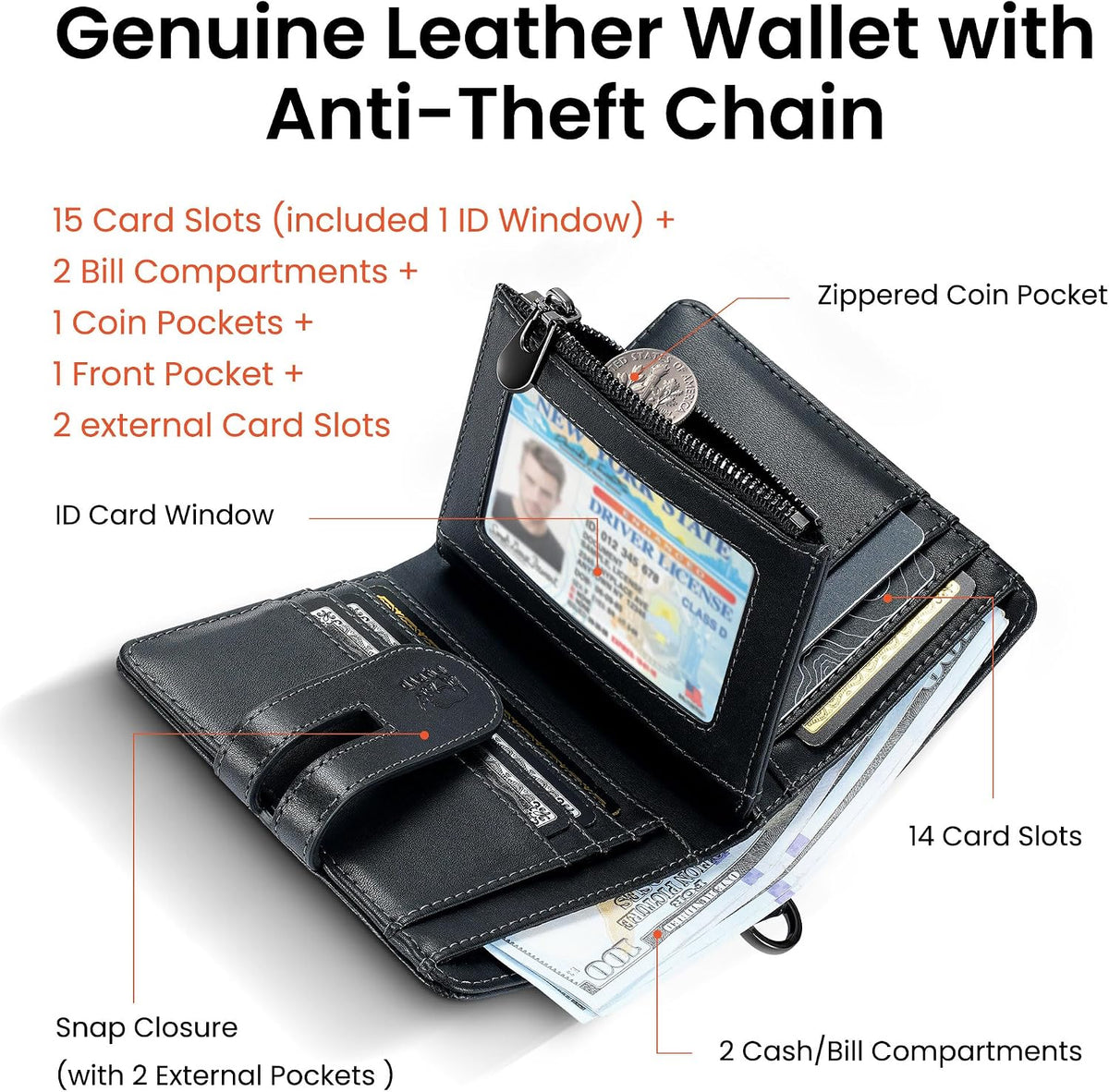 Cartera de cuero genuino para hombre: billetera de cadena antirrobo