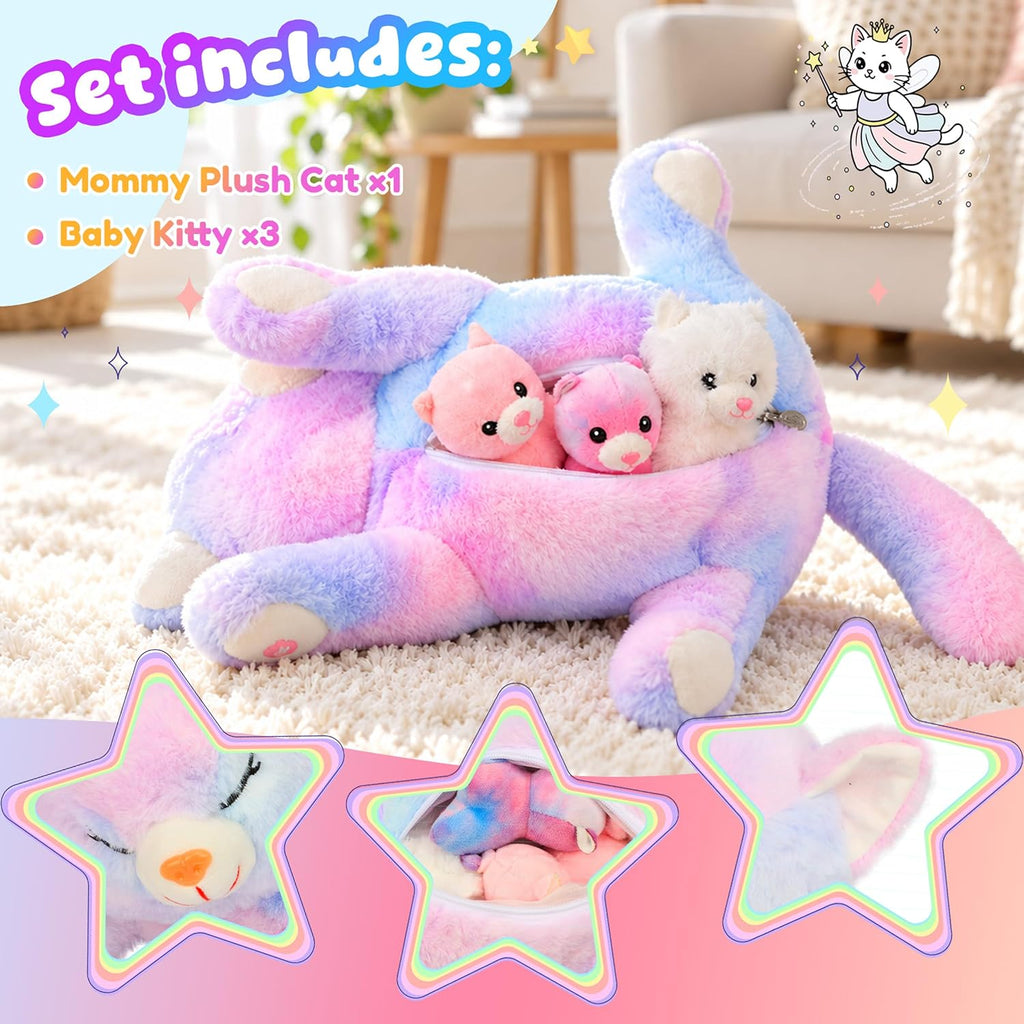 Hopearl Gatito de peluche con luces LED, mamá gato iluminada con 3 gatitos bebé en su barriga, juego de peluches con luces de noche que brillan en la oscuridad para mamá, niños, niñas pequeñas