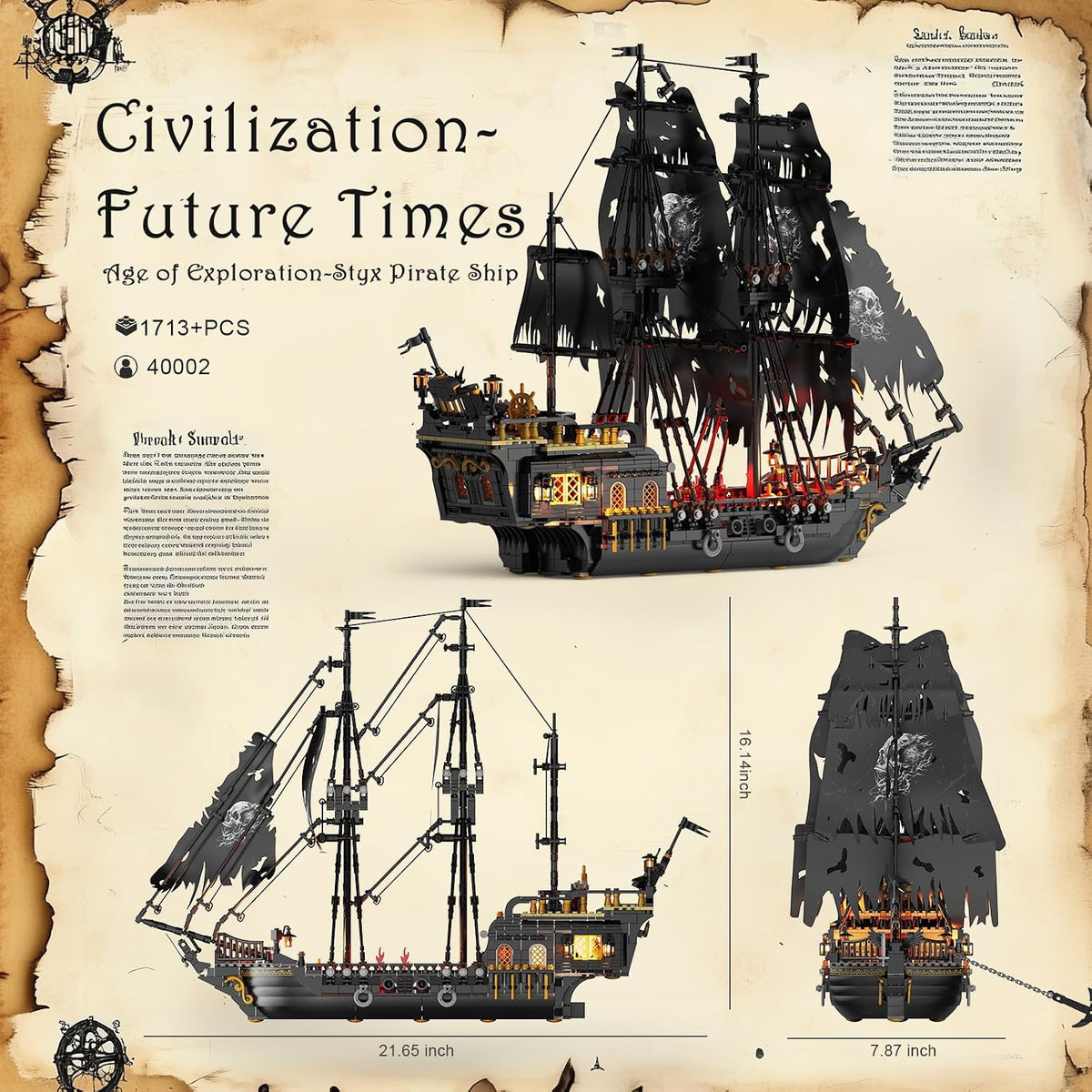 JMBricklayer negro Pirate Ship Model Building Set con Lights para Adults