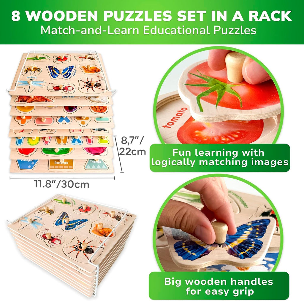 8 rompecabezas de madera para niños pequeños de 1-3 años - rompecabezas Montessori para edades 2-4 en un estante