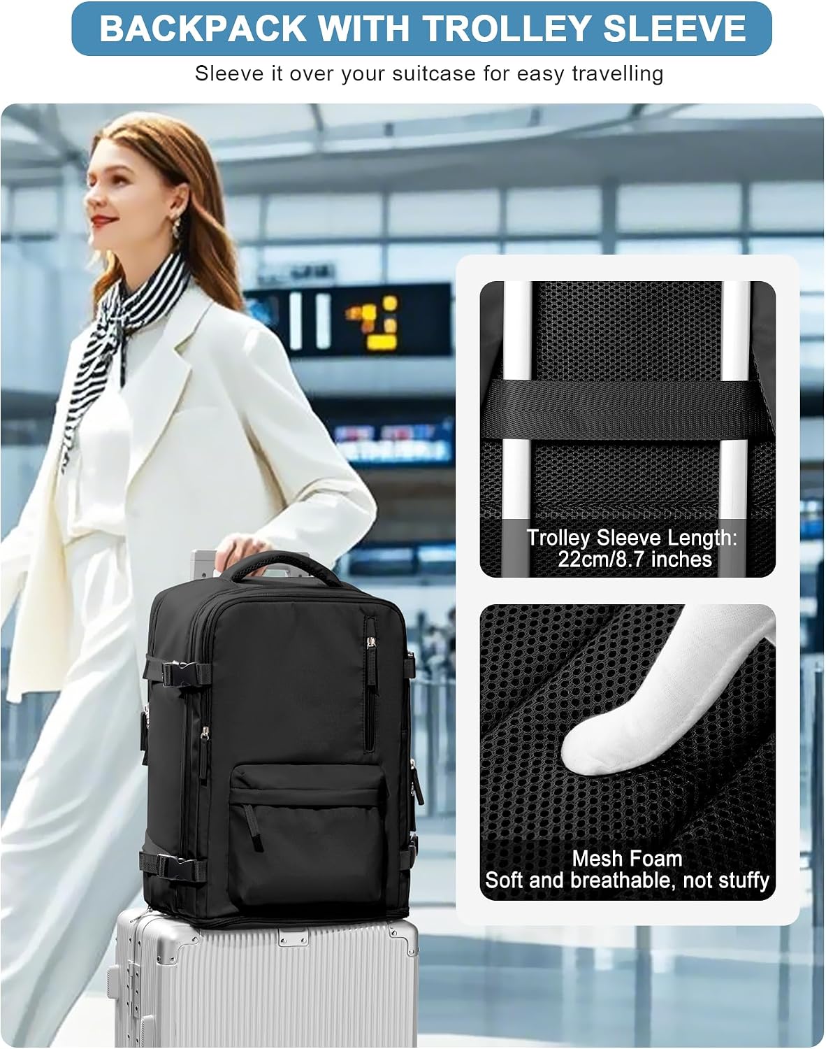 VGCUB - Mochila grande para viaje, trabajo, negocios, mochila para laptop aprobada como equipaje de mano para vuelos, unisex, Negro -, Grande, Large (4