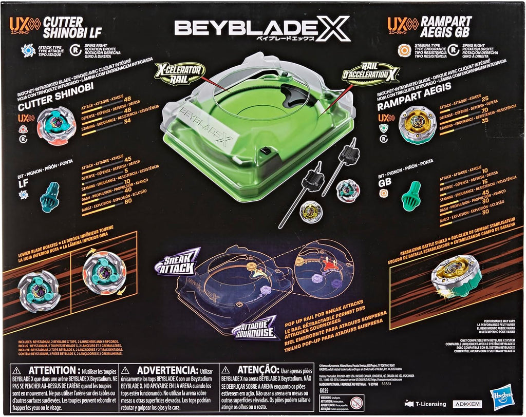 Beyblade X Sneak Attack - Juego de batalla con Beystadium Arena, Rampart Aegis GB y cortador Shinobi LF, 2 juguetes de juego Takara Tomy, 2 lanzadores, a partir de 8 años