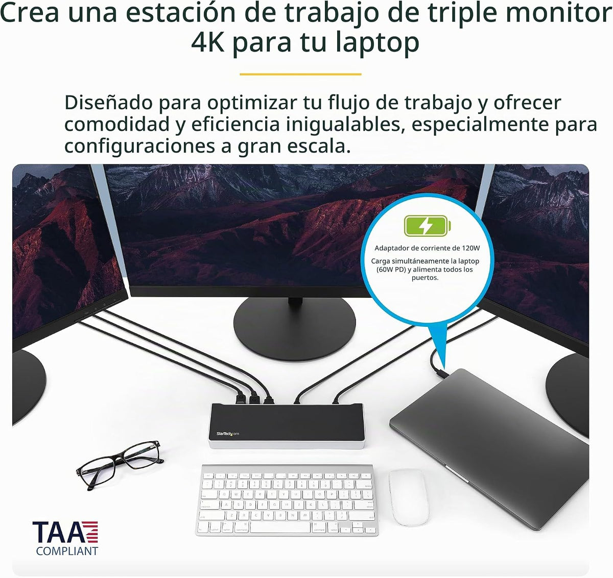 StarTech Dock DisplayLink USB-C triple 4K, HDMI DP, MacBook y Windows, 60 W