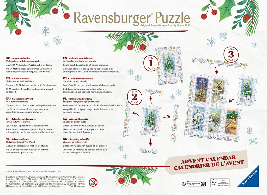 Ravensburger - Calendario de Adviento de rompecabezas navideño - 24 mini rompecabezas con más de 1000 piezas - Escenas únicas de invierno para sorpresas diarias de Navidad - Calidad premium - A partir