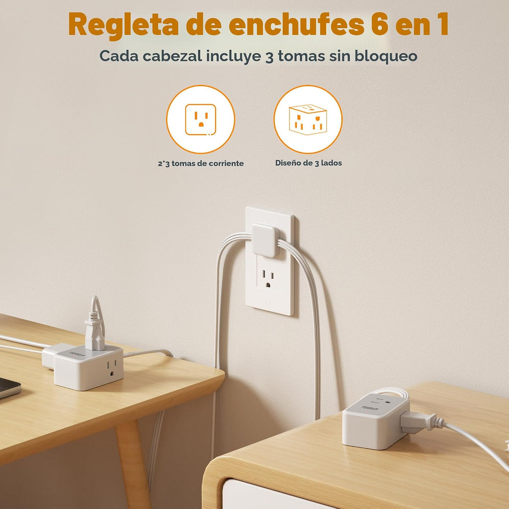 TESSAN Regleta de alimentación de enchufe plano de doble extremo, cable de