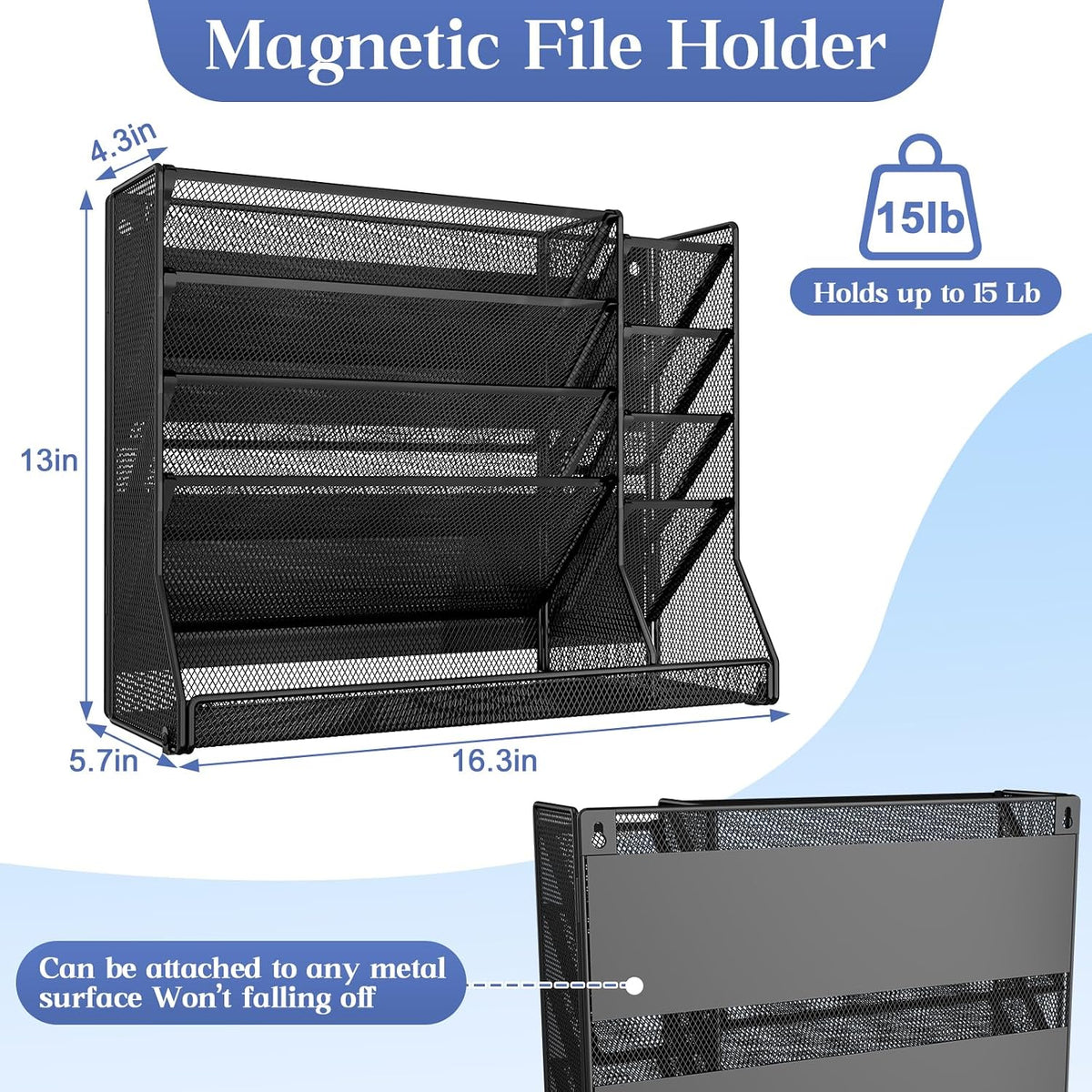 Organizador de archivos magnético de 5 niveles, base en forma de R, para colgar en la pared, color negro
