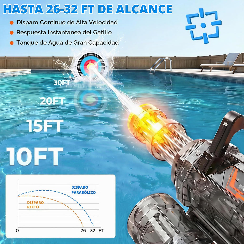 Pistola de agua con boquilla giratoria y luz LED, mochila de agua y tanque desmontable, largo alcance de 28 a 32 pies