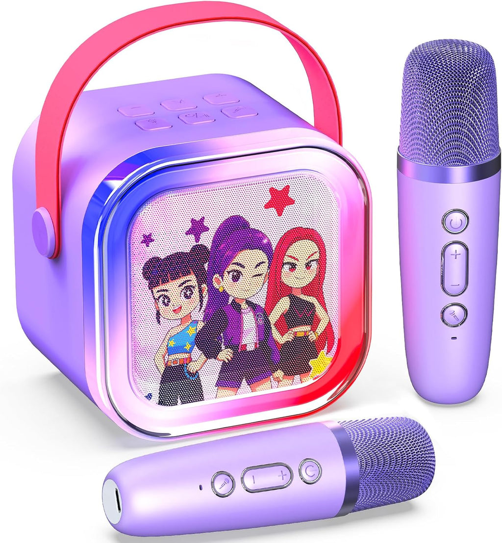 Mini máquina de karaoke para niños, 5 efectos de voz, altavoz Bluetooth portátil con 2 micrófonos inalámbricos, luces LED para niños y niñas de 3 a 12 años, máquina de karaoke para niños, juguete de