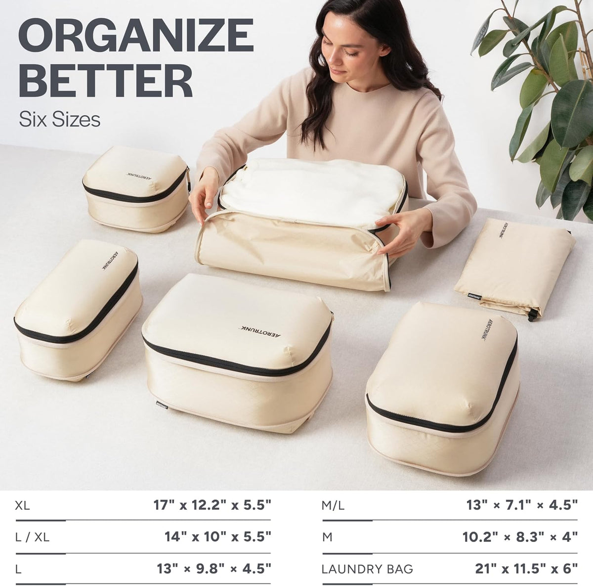 Cubos de embalaje de compresión ultraligeros, organizadores de viaje ligeros para maletas y equipaje, Beige, Paquete de 6