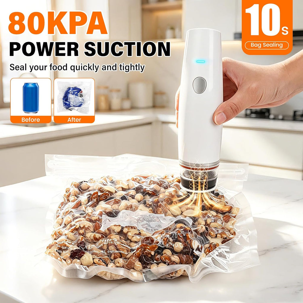 -Sellador al vacío compacto de 80 kPa para alimentos (máquina selladora al vacío + 30 bolsas reutilizables), máquina selladora al vacío de mano inalámbrica portátil mini sellador de alimentos para