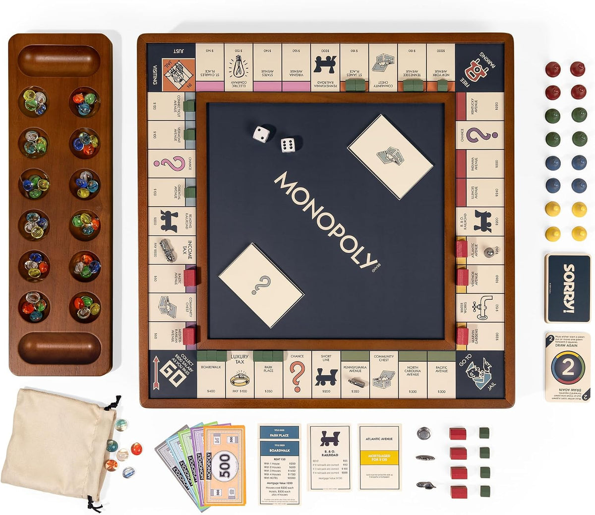 WS Game Company Monopoly, Sorry! y Mancala Premium 3 en 1 Juego de mesa