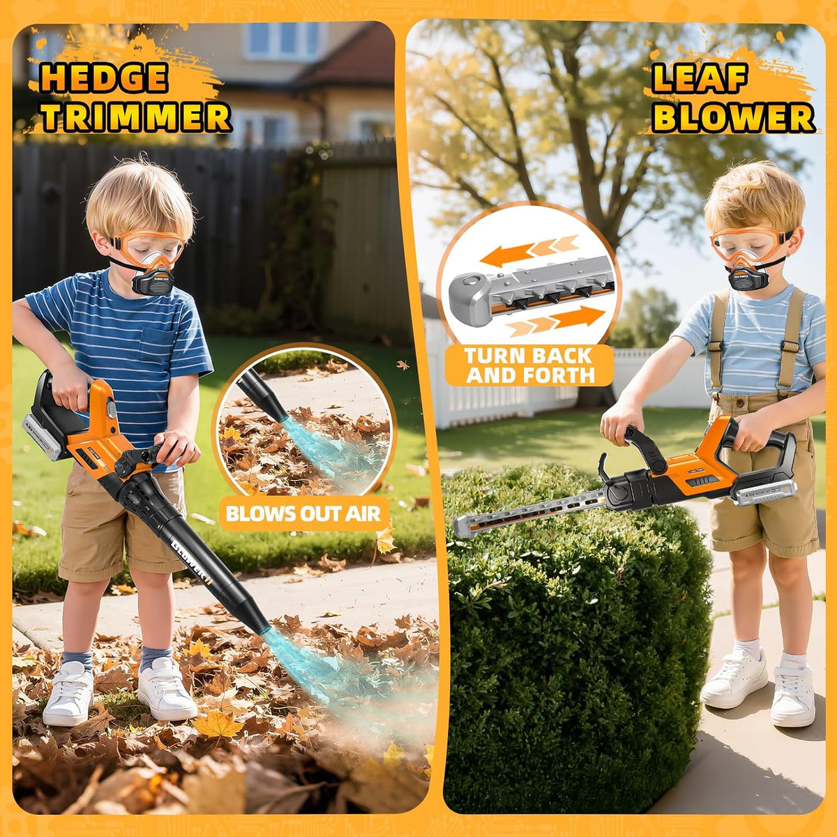 Juego de herramientas 3 en 1 para niños con Weed Wacker para niños, soplador de hojas para niños, juguete de cortacésped