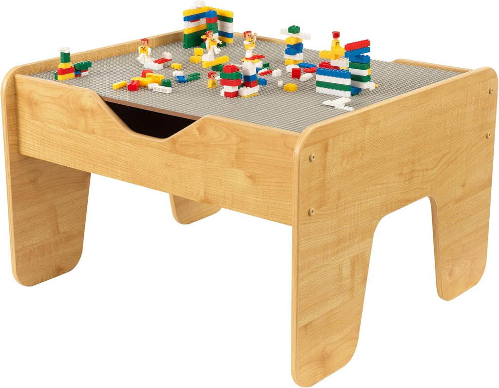 KidKraft Mesa de actividades reversible de madera con tabla con 195 ladrillos de construcción, gris y natural, regalo para mayores de 3 años