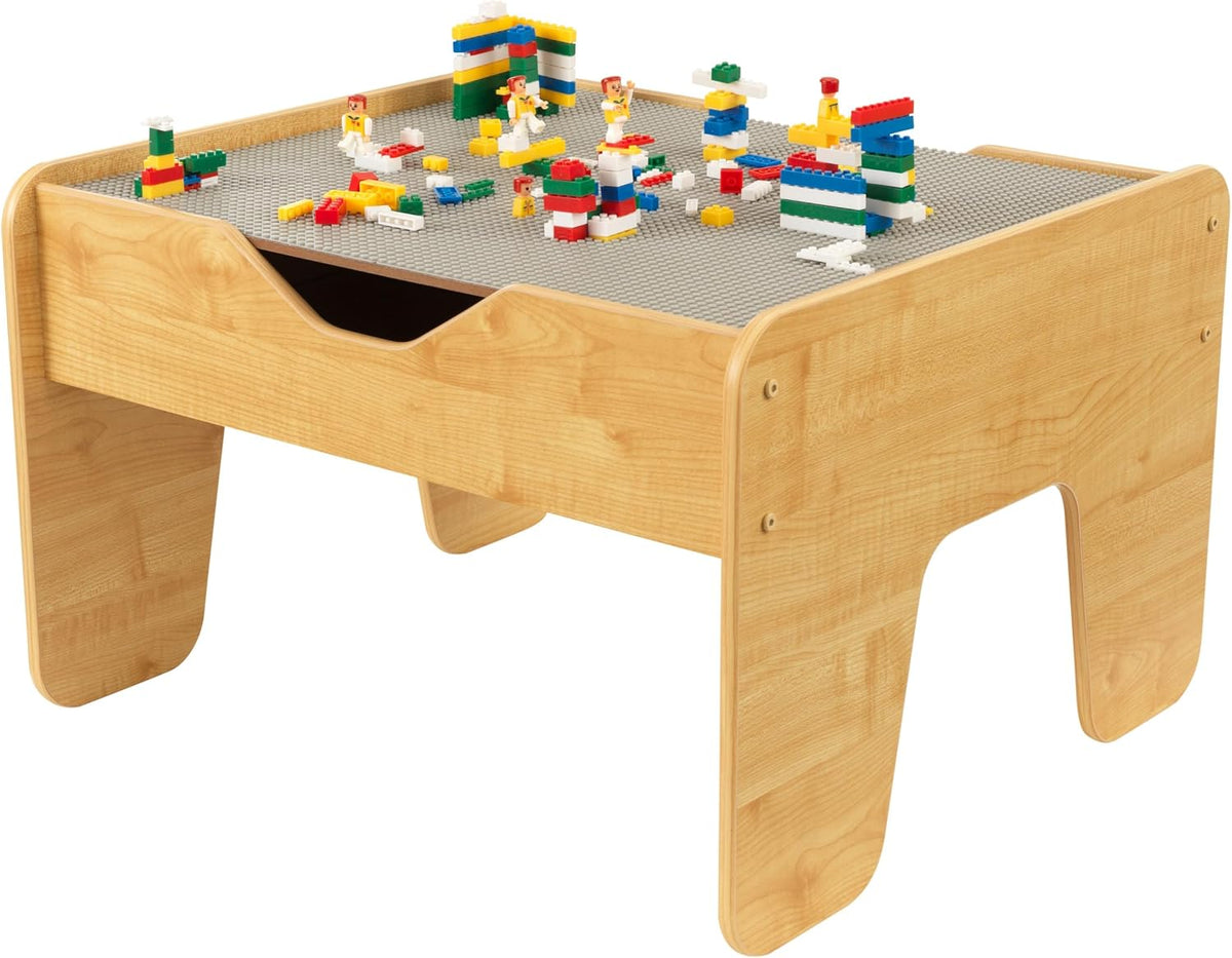 KidKraft Mesa de actividades reversible de madera con tabla con 195 ladrillos de construcción, gris y natural, regalo para mayores de 3 años