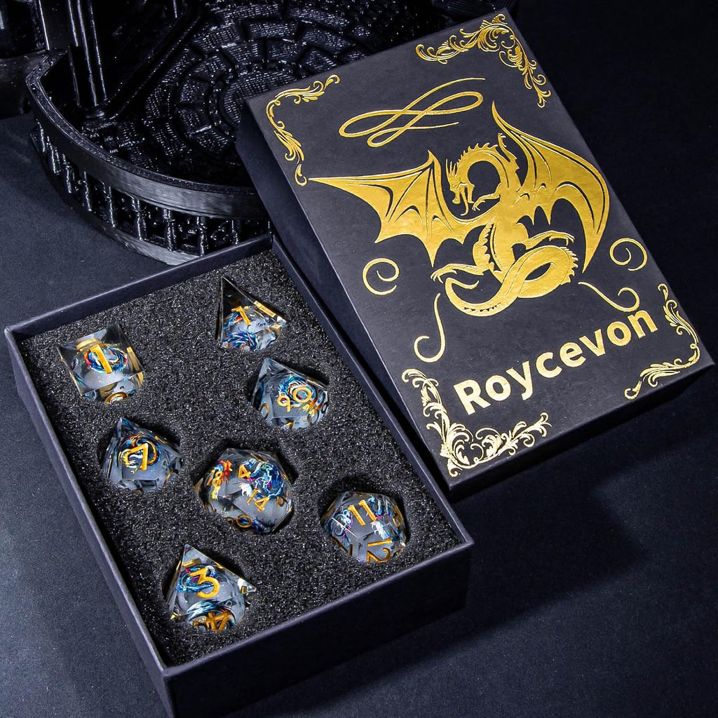 Juego de dados DND de núcleo líquido con patrón de dragón, 7 dados D&D de borde afilado con caja de regalo, dados de resina blanca Dungeons Dragons D y D para juegos de rol D20 D12 D10 D8 D6 D4