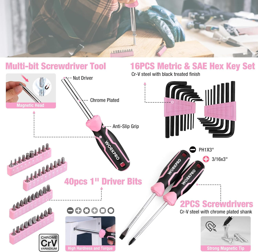 WORKPRO Juego de herramientas rosa, kit de 284 piezas para mujeres,...