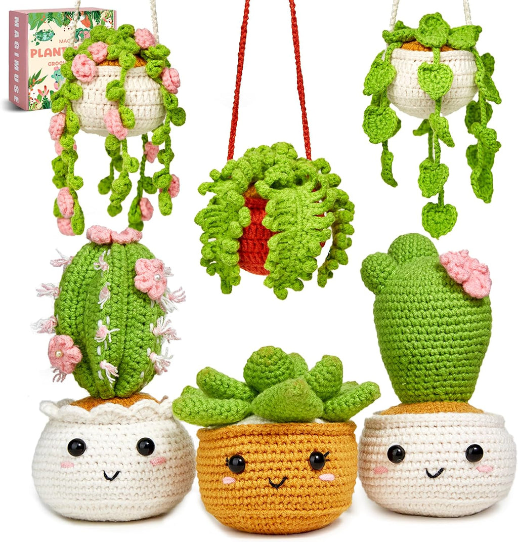 MAGIMUSE Kit de ganchillo para principiantes, kits de inicio de ganchillo para adultos, kits de ganchillo para tejer manualidades Amigurumi con tutoriales en video paso a paso, paquete de 6 plantas