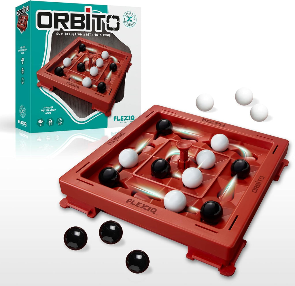 Orbito de Flex IQ, juegos de estrategia para 2 jugadores para reuniones familiares, ideal para juegos infantiles, incluye 1 tablero de juego con botón orbito, 8 canicas blancas y 8 canicas negras