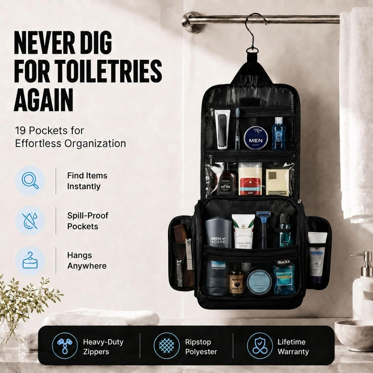 Neceser de viaje para hombres – Kit Dopp grande (10.6 x 10.6 x 3.2 pulgadas) – Bolsa organizadora de higiene impermeable colgante para hombre con gancho giratorio de metal XXL, cremalleras