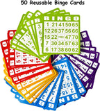 SEETOOOGAMES Juego de bingo de lujo, jaula de metal, 50 tarjetas de bingo, 500 hojas de papel, 500 fichas, 75 bolas, tablero maestro de plástico, ideal para grupos grandes, juegos familiares, noches de fiestas (jaula redonda)