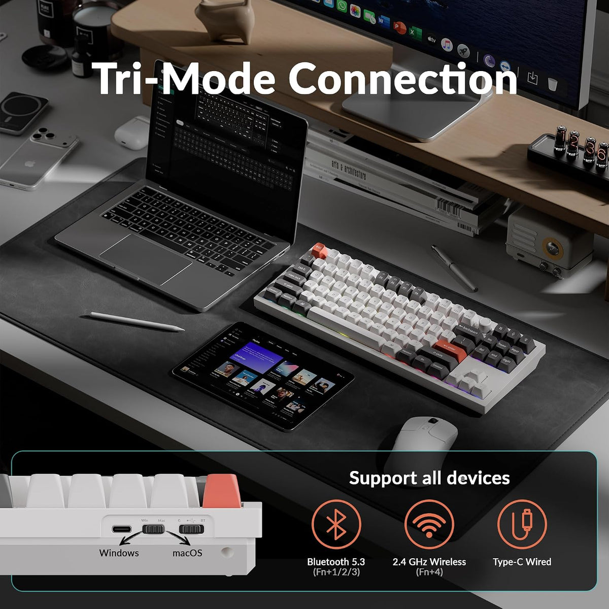 Teclado mecánico inalámbrico Keychron Q3 Ultra Tasa de sondeo 8KHz, TKL 2.4G/Bluetooth 5.3/por cable Hasta 660 horas de batería, Hot-Swappable Aluminio RGB para Mac/Windows/Linux—Blanco